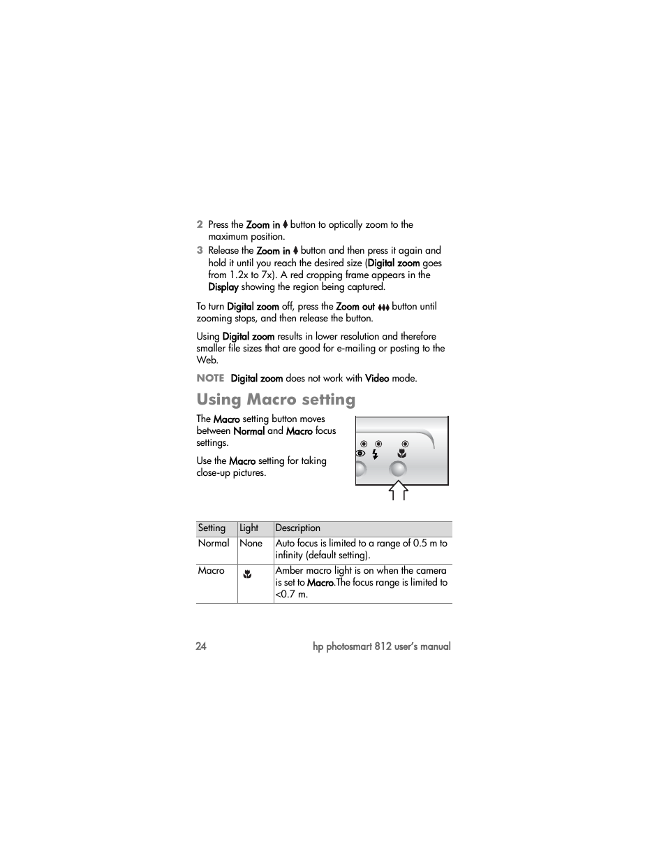 Using macro setting | HP PhotoSmart 812 User Manual | Page 24 / 88