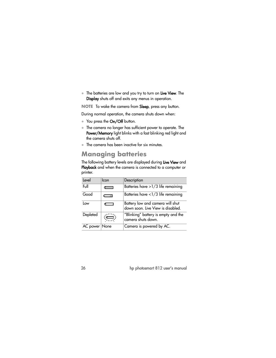 Managing batteries | HP PhotoSmart 812 User Manual | Page 26 / 88