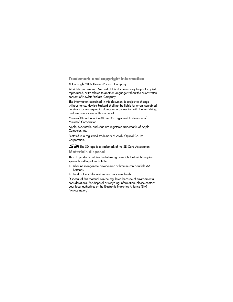 Trademark and copyright information, Materials disposal | HP PhotoSmart 812 User Manual | Page 3 / 88