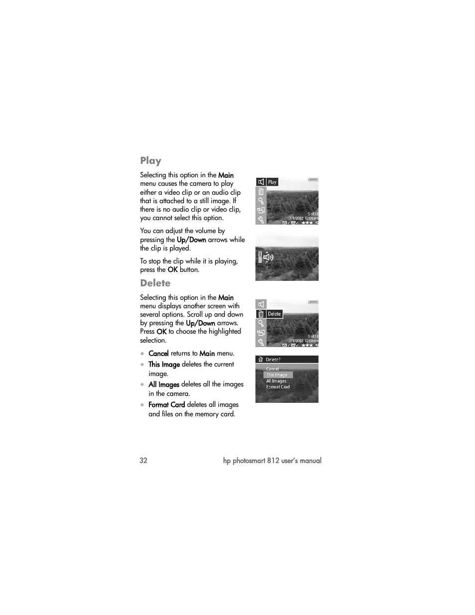 Play, Delete | HP PhotoSmart 812 User Manual | Page 32 / 88