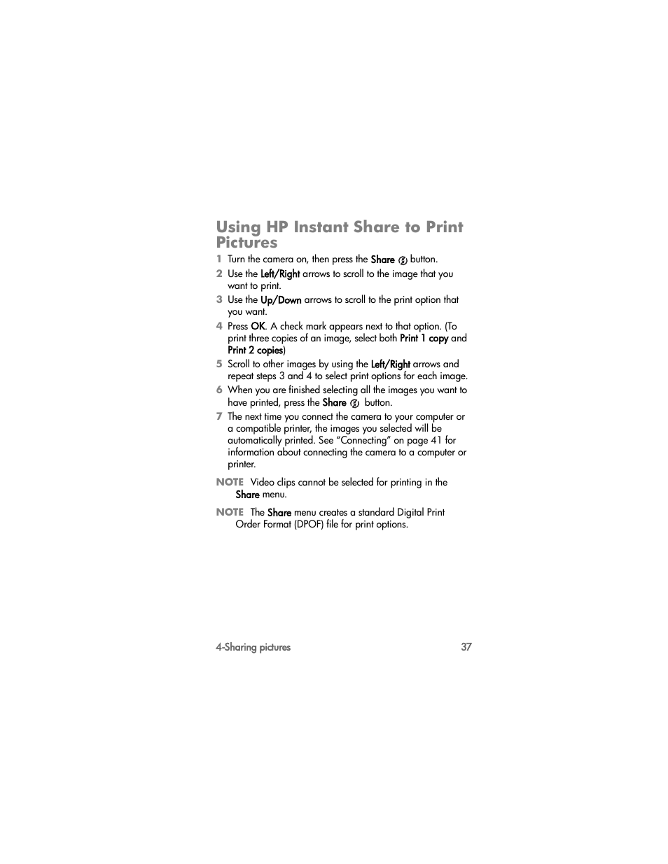Using hp instant share to print pictures | HP PhotoSmart 812 User Manual | Page 37 / 88