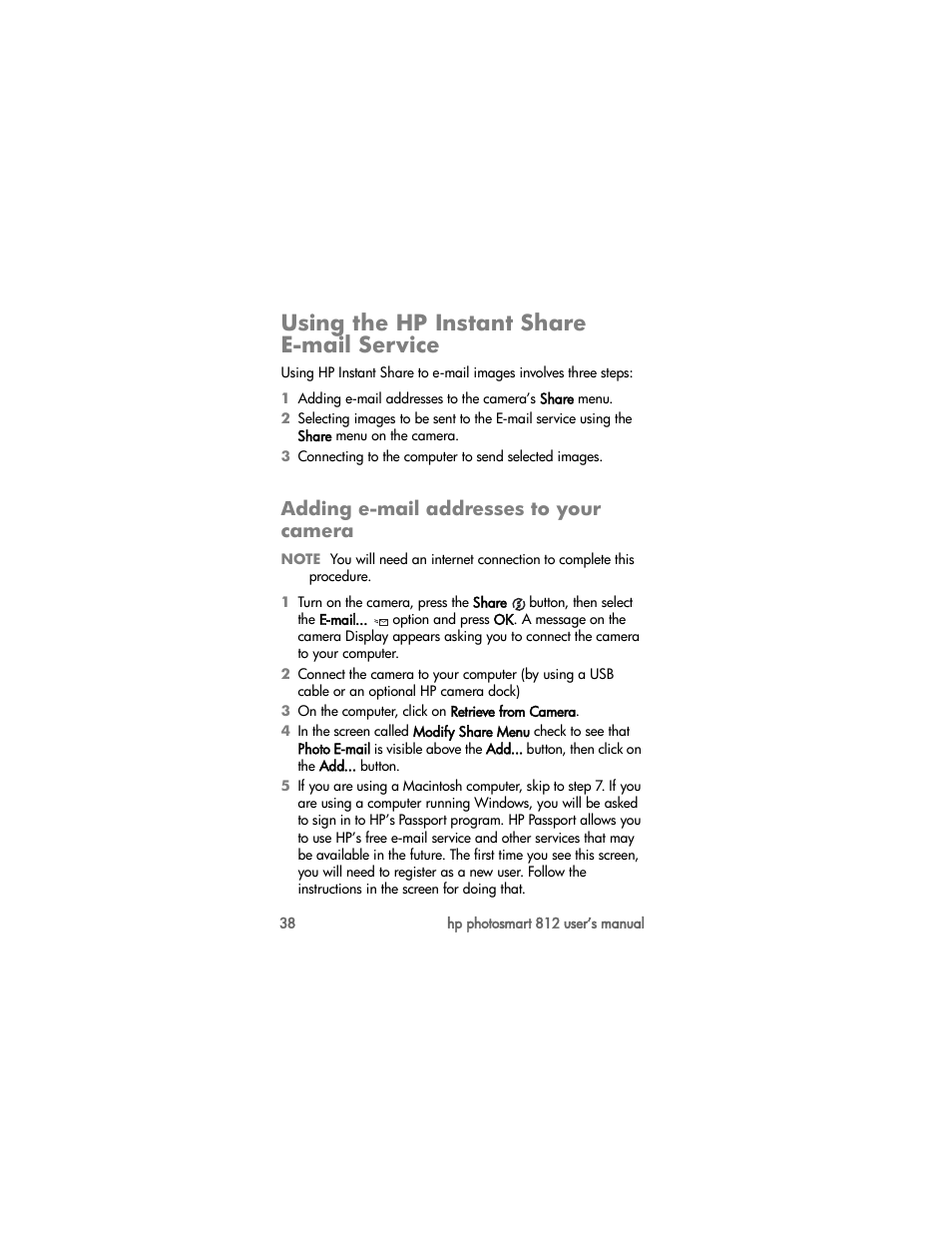 Using the hp instant share email service, Adding email addresses to your camera, Using the hp instant share e-mail service | Adding e-mail addresses to your camera | HP PhotoSmart 812 User Manual | Page 38 / 88