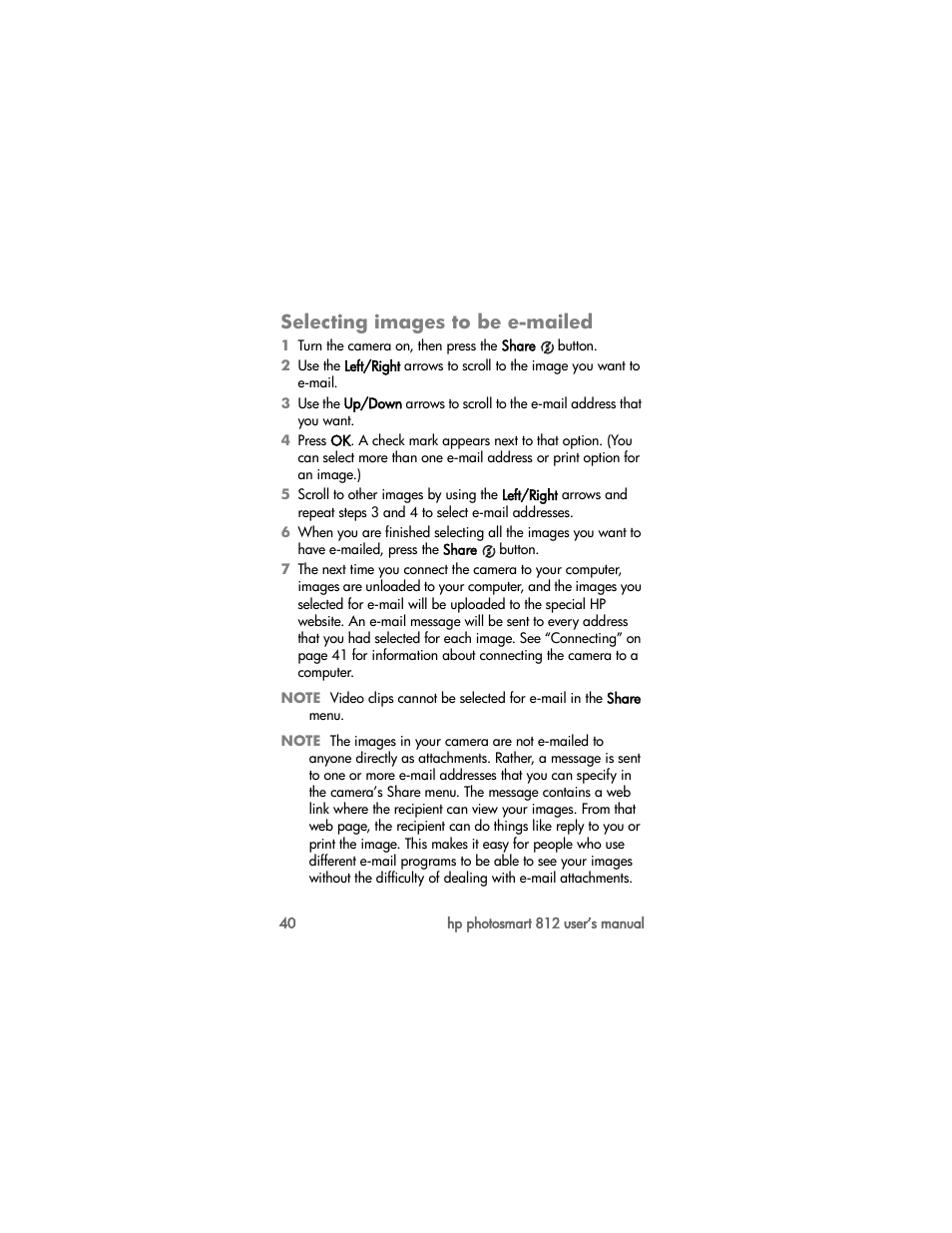 Selecting images to be emailed, Selecting images to be e-mailed | HP PhotoSmart 812 User Manual | Page 40 / 88