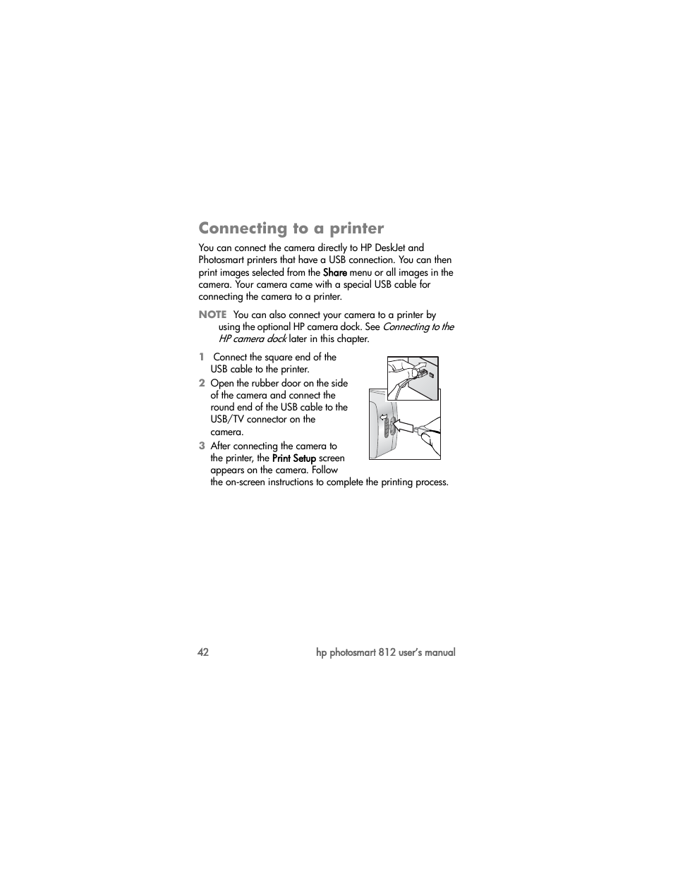 Connecting to a printer | HP PhotoSmart 812 User Manual | Page 42 / 88