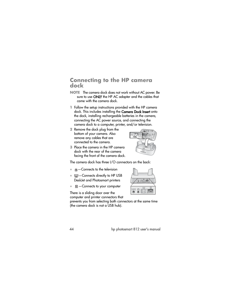 Connecting to the hp camera dock | HP PhotoSmart 812 User Manual | Page 44 / 88