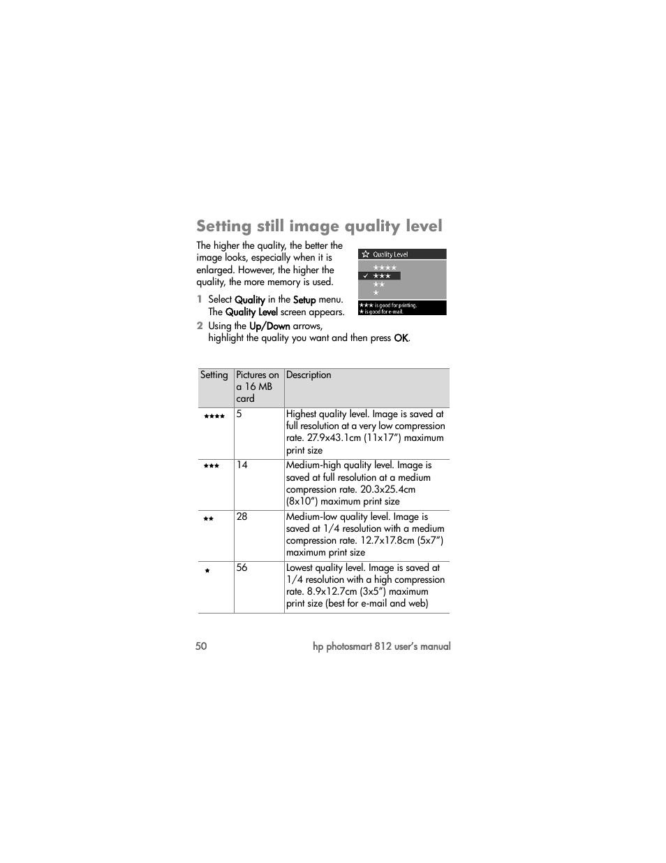 Setting still image quality level | HP PhotoSmart 812 User Manual | Page 50 / 88