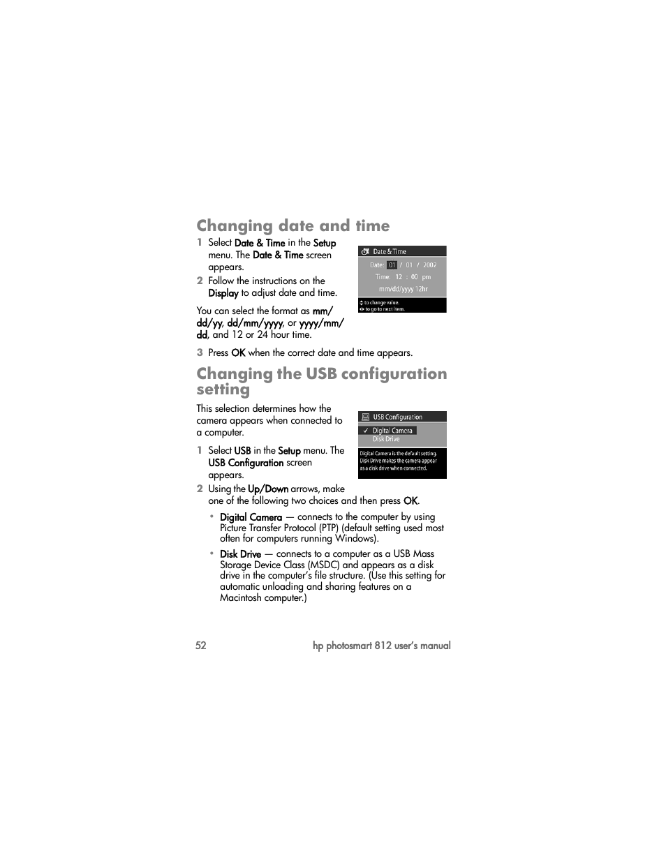 Changing date and time, Changing the usb configuration setting | HP PhotoSmart 812 User Manual | Page 52 / 88