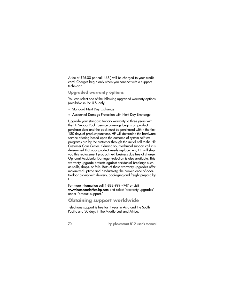 Upgraded warranty options, Obtaining support worldwide | HP PhotoSmart 812 User Manual | Page 70 / 88