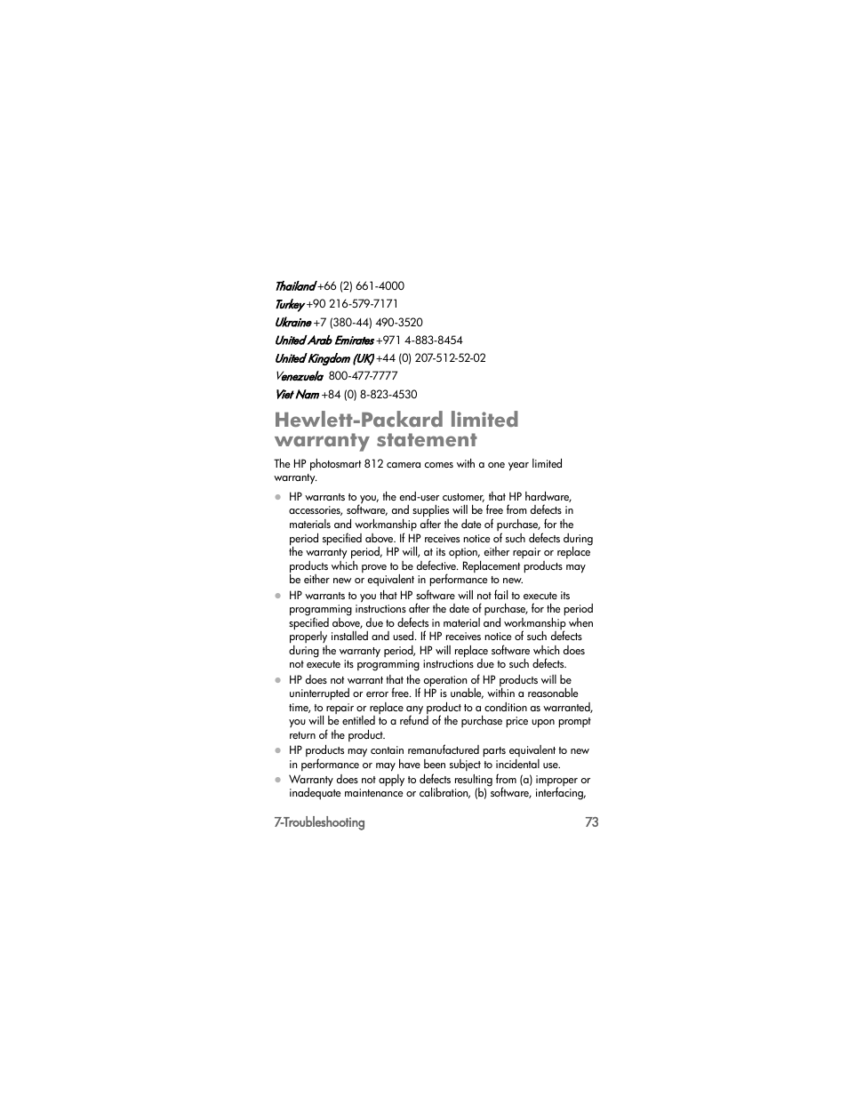 Hewlett-packard limited warranty statement | HP PhotoSmart 812 User Manual | Page 73 / 88