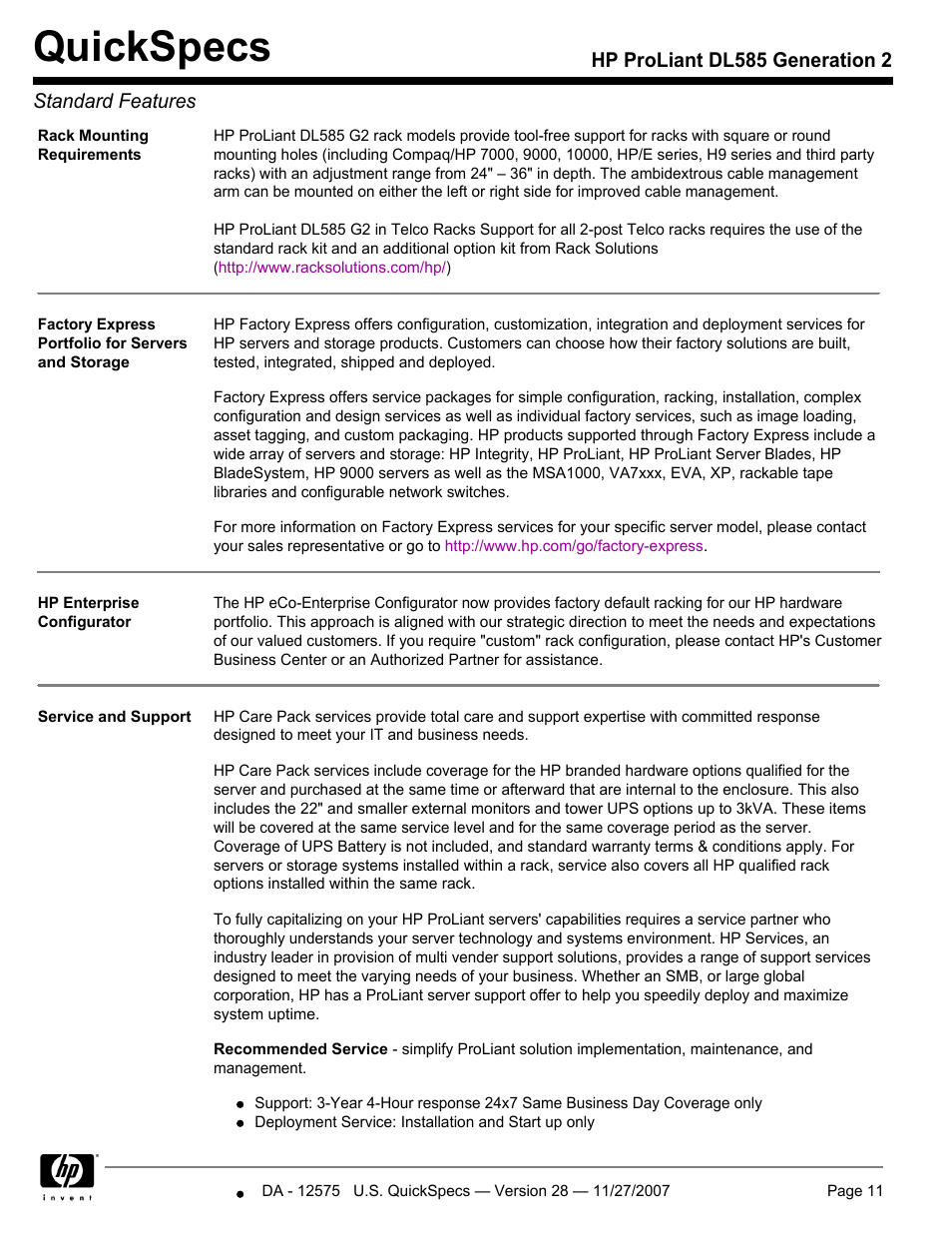 Quickspecs, Hp proliant dl585 generation 2 standard features | HP DL585 User Manual | Page 11 / 45