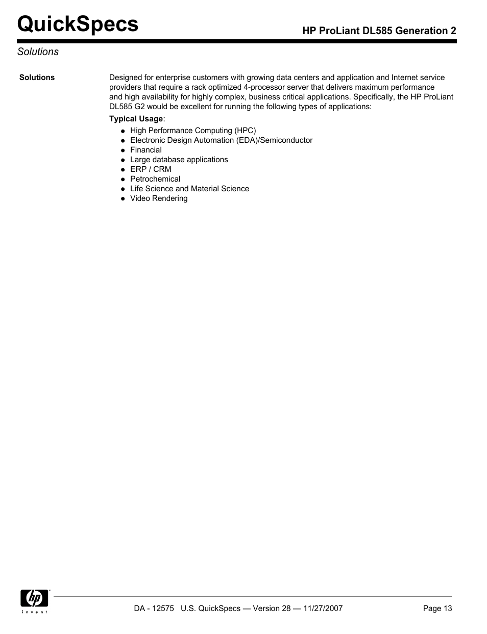 Solutions, Quickspecs | HP DL585 User Manual | Page 13 / 45