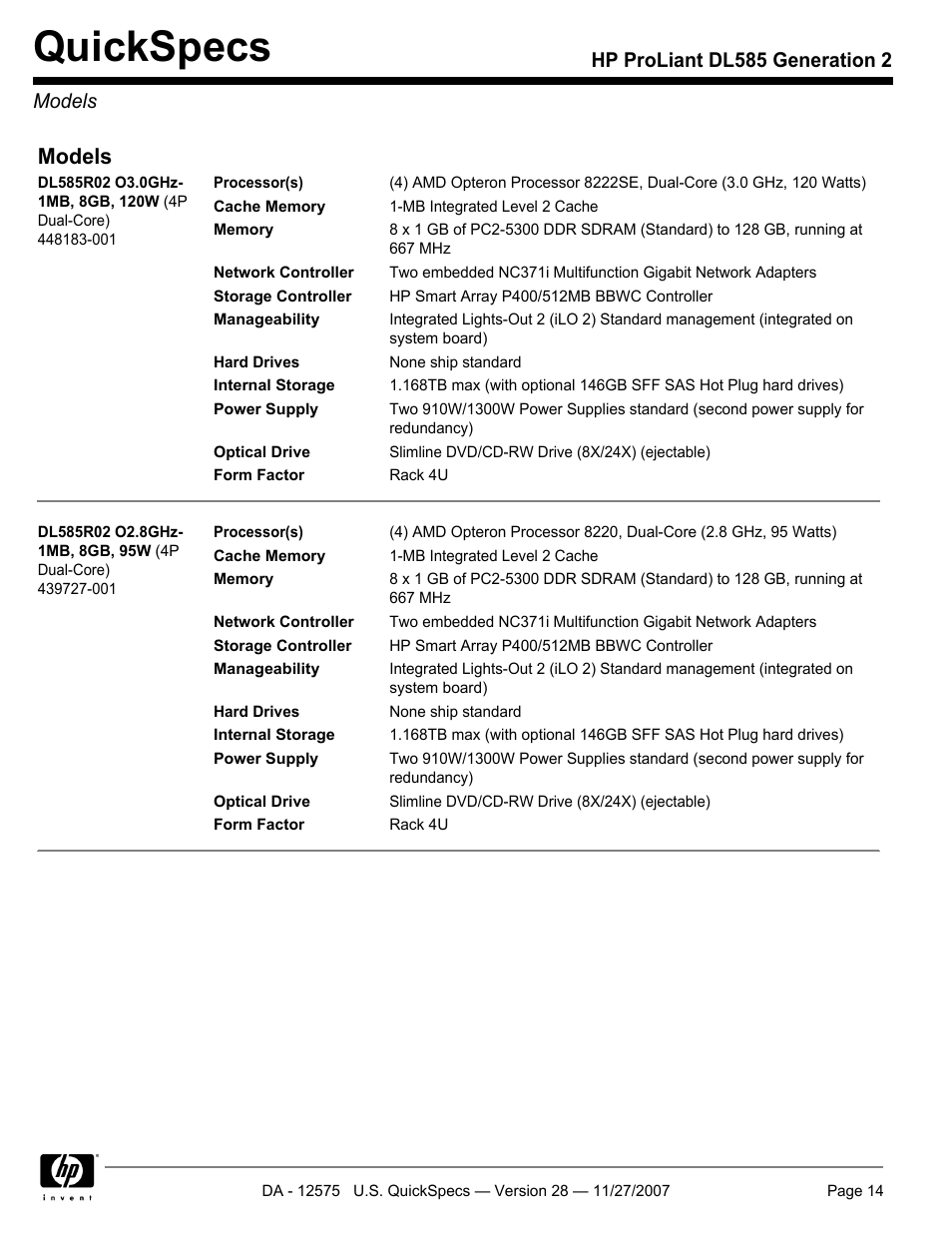 Models, Quickspecs, Hp proliant dl585 generation 2 models | HP DL585 User Manual | Page 14 / 45