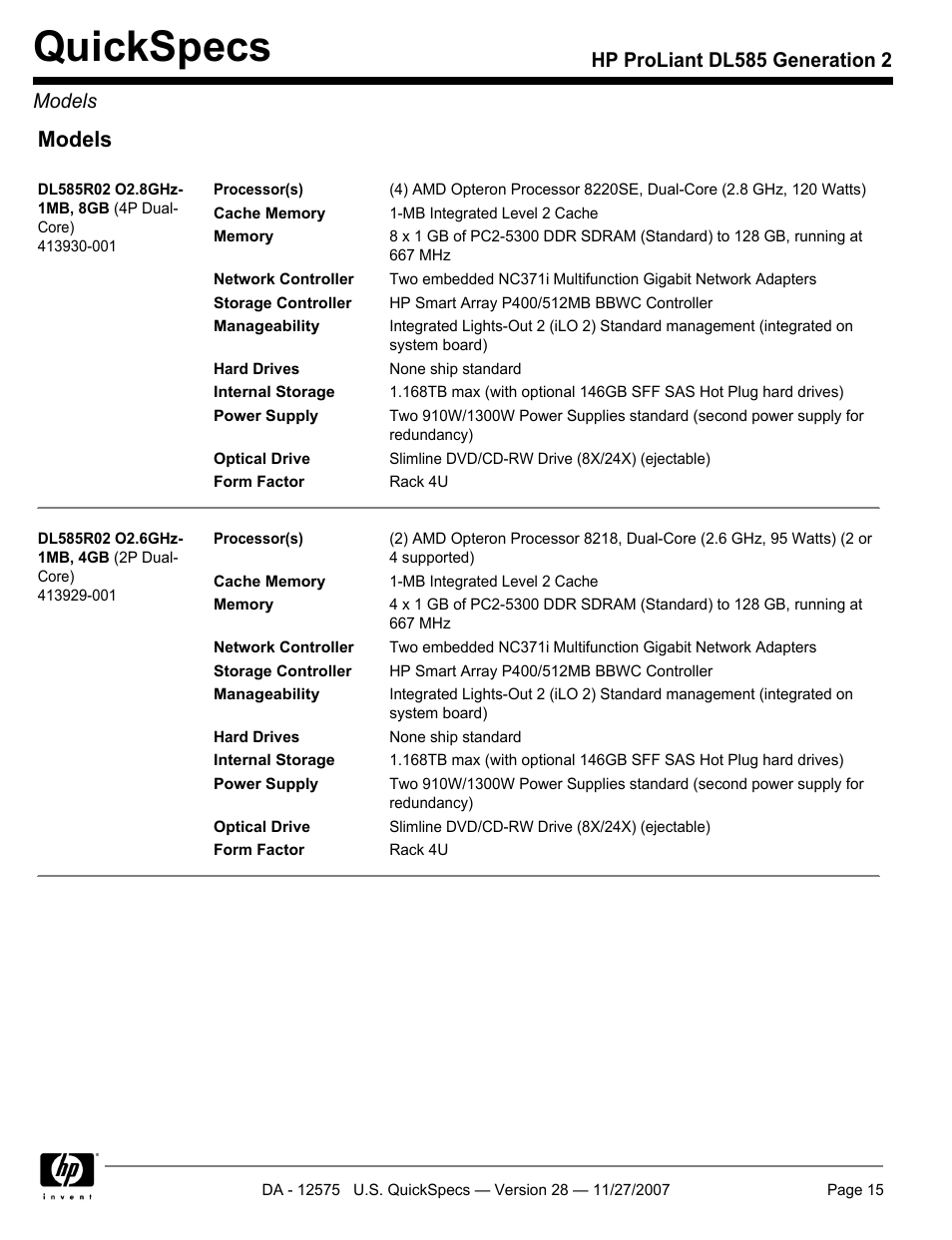 Quickspecs, Models, Hp proliant dl585 generation 2 models | HP DL585 User Manual | Page 15 / 45