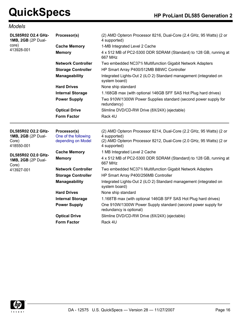 Quickspecs, Hp proliant dl585 generation 2 models | HP DL585 User Manual | Page 16 / 45