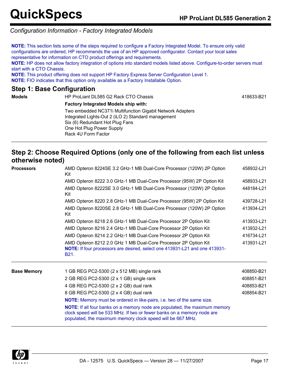 Quickspecs, Step 1: base configuration | HP DL585 User Manual | Page 17 / 45