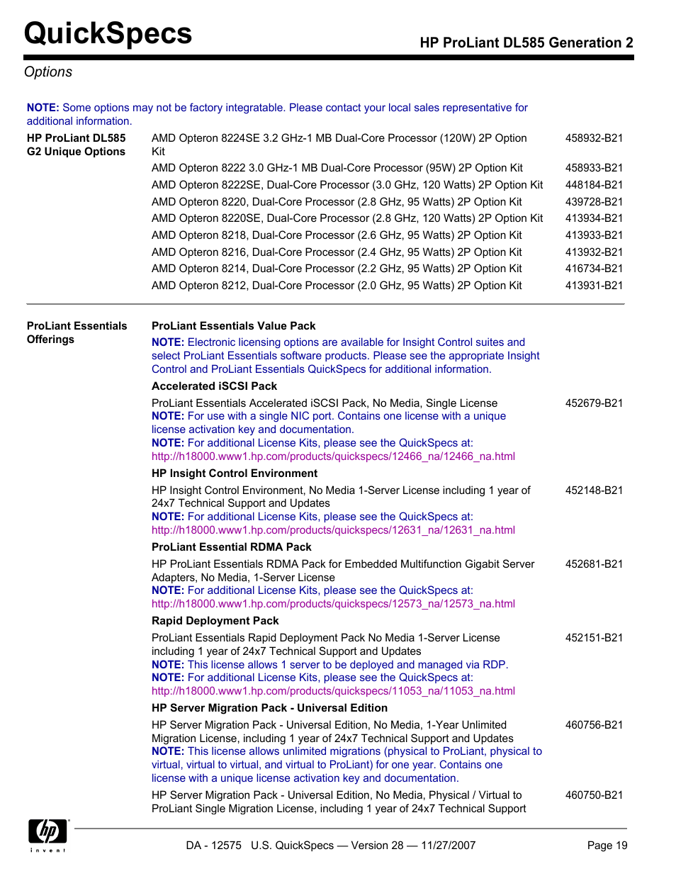 Options, Quickspecs, Hp proliant dl585 generation 2 options | HP DL585 User Manual | Page 19 / 45