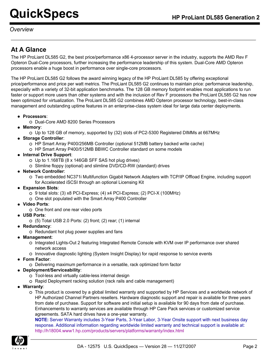 Quickspecs, At a glance, Hp proliant dl585 generation 2 overview | HP DL585 User Manual | Page 2 / 45