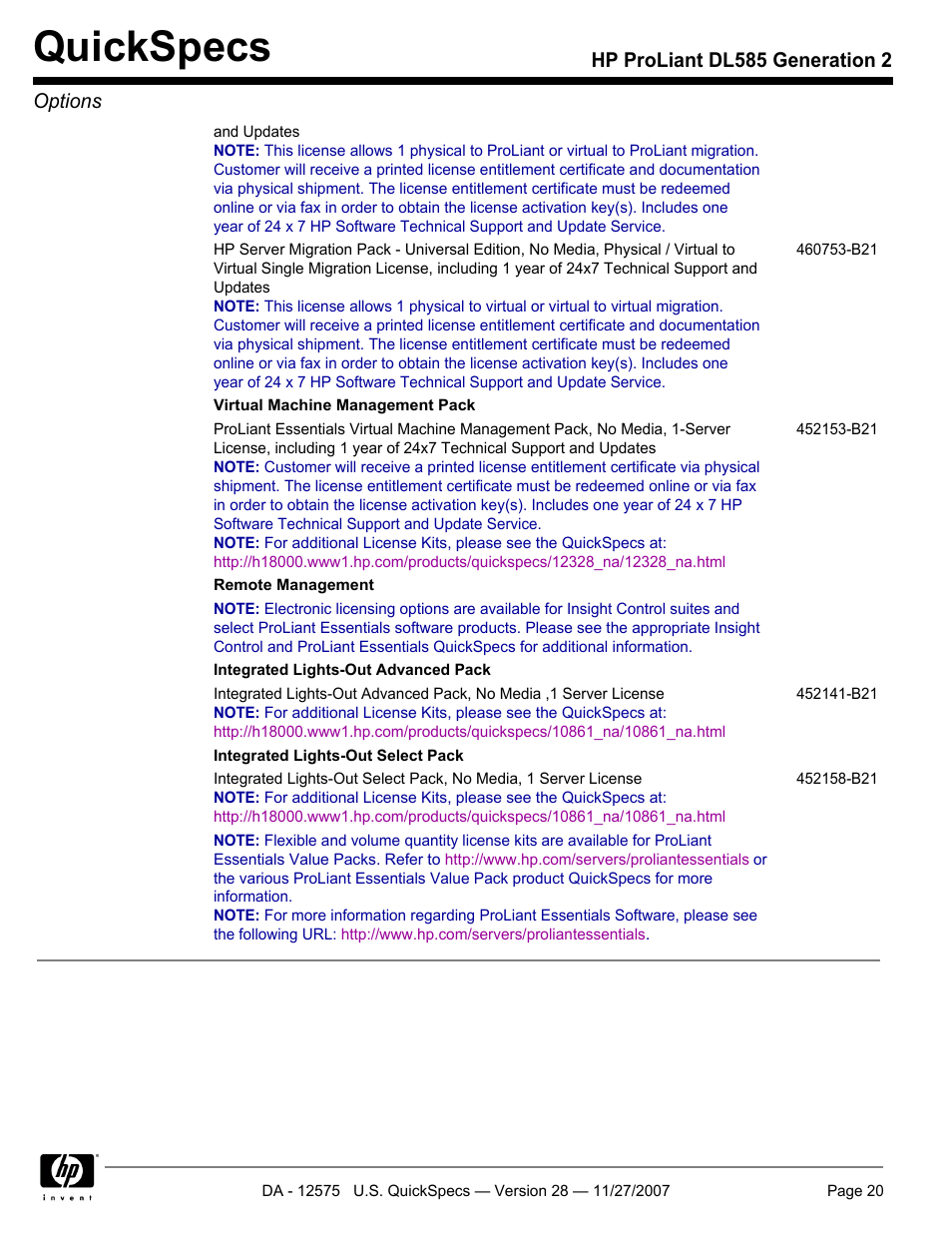 Quickspecs, Hp proliant dl585 generation 2 options | HP DL585 User Manual | Page 20 / 45