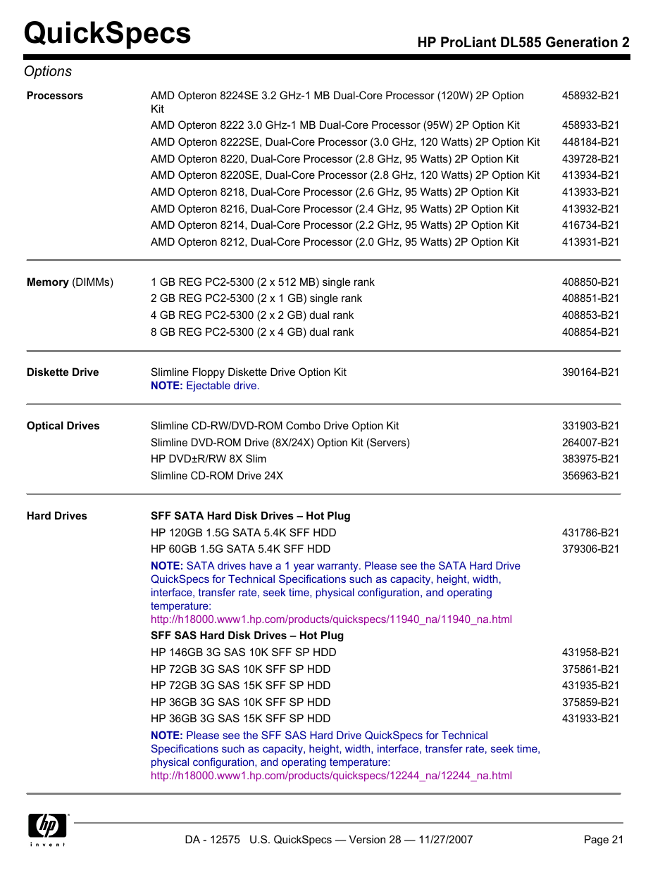 Quickspecs, Hp proliant dl585 generation 2 options | HP DL585 User Manual | Page 21 / 45