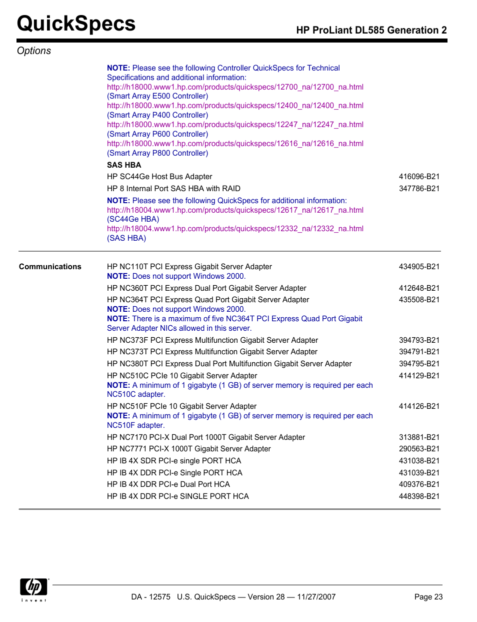 Quickspecs, Hp proliant dl585 generation 2 options | HP DL585 User Manual | Page 23 / 45