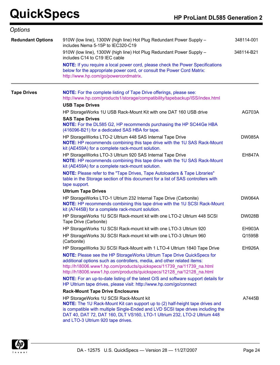 Quickspecs, Hp proliant dl585 generation 2 options | HP DL585 User Manual | Page 24 / 45