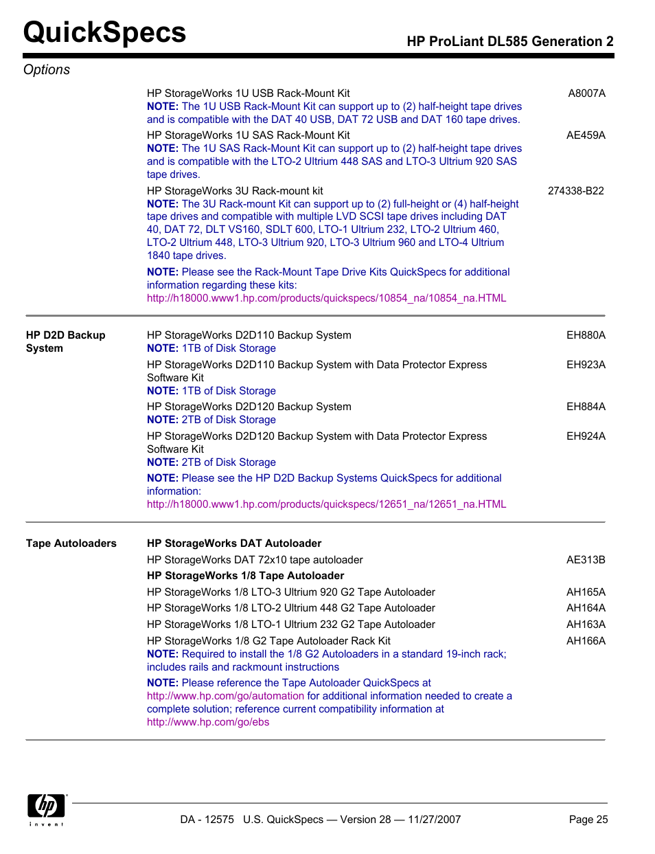 Quickspecs, Hp proliant dl585 generation 2 options | HP DL585 User Manual | Page 25 / 45