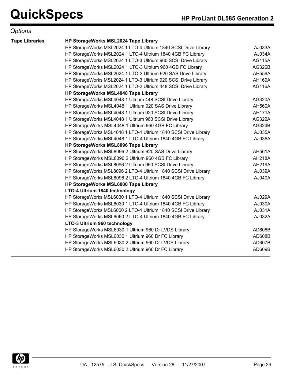 Quickspecs, Hp proliant dl585 generation 2 options | HP DL585 User Manual | Page 26 / 45