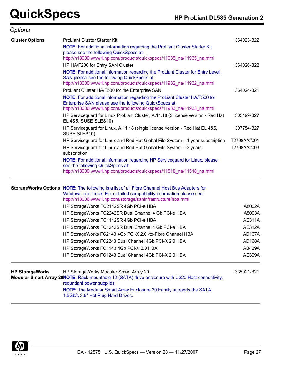 Quickspecs, Hp proliant dl585 generation 2 options | HP DL585 User Manual | Page 27 / 45