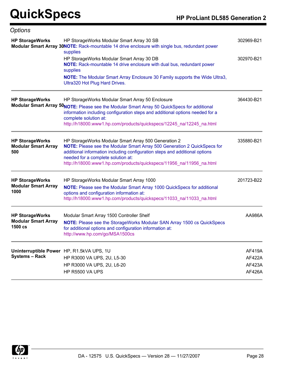Quickspecs, Hp proliant dl585 generation 2 options | HP DL585 User Manual | Page 28 / 45