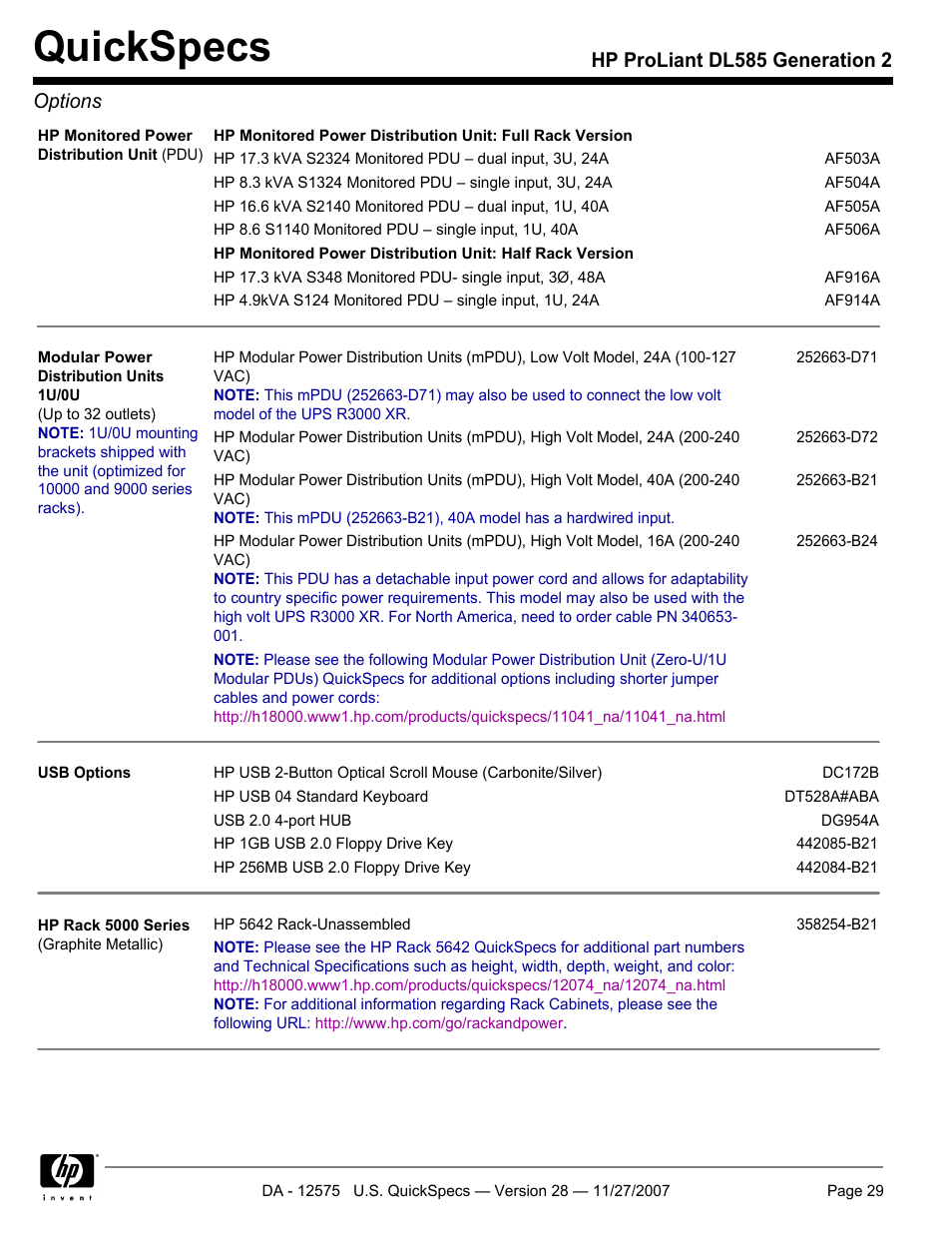 Quickspecs, Hp proliant dl585 generation 2 options | HP DL585 User Manual | Page 29 / 45