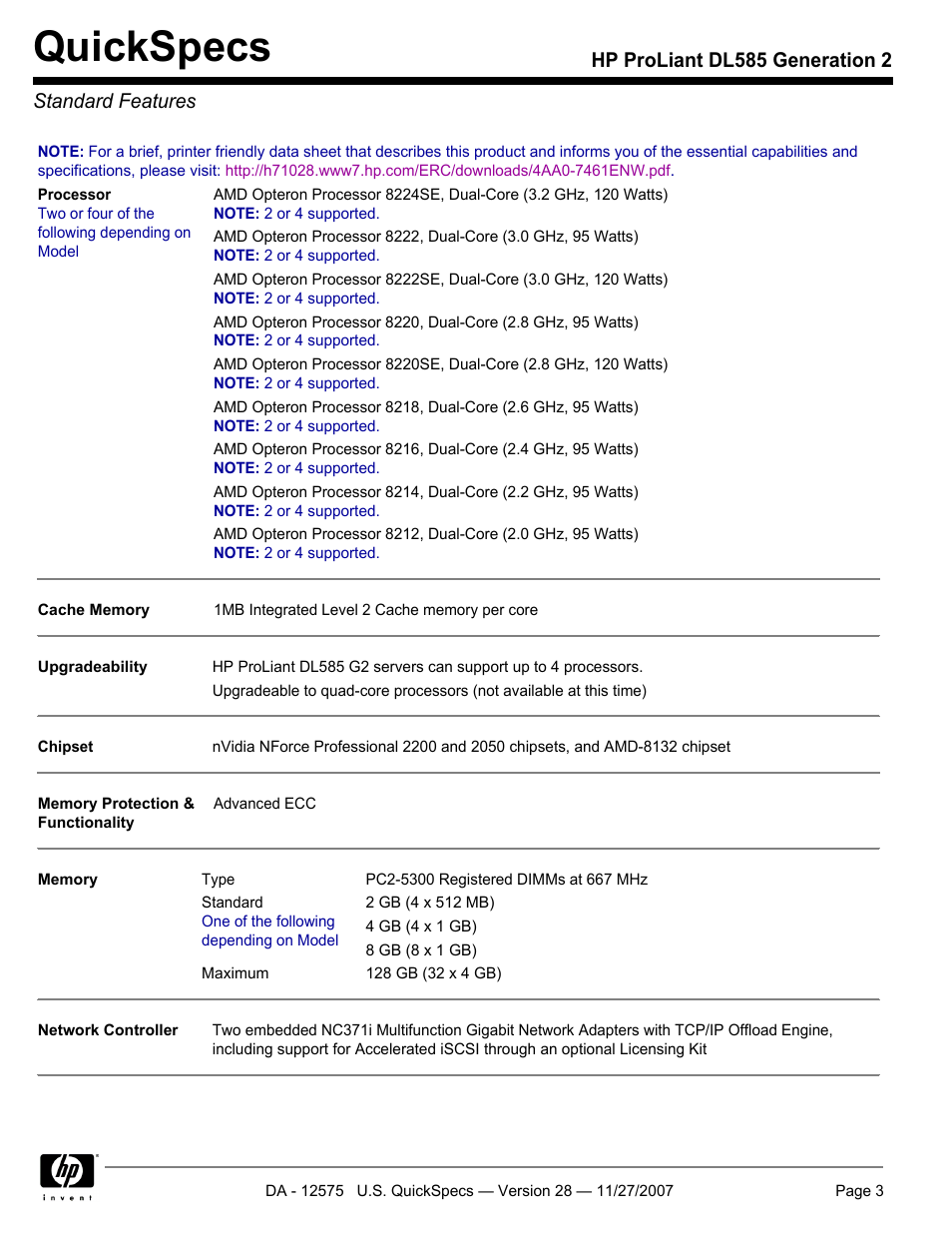 Standard features, Quickspecs, Hp proliant dl585 generation 2 standard features | HP DL585 User Manual | Page 3 / 45