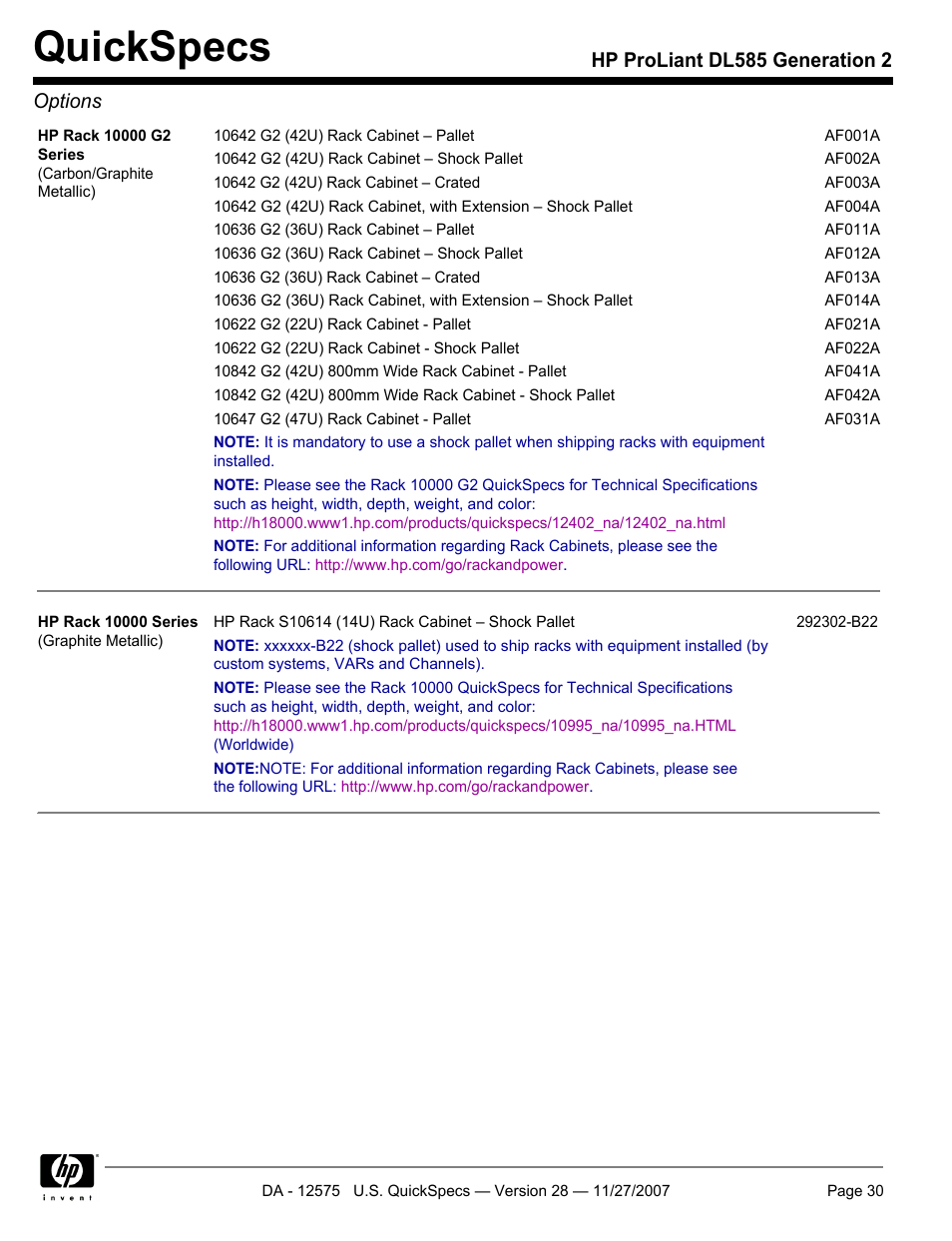 Quickspecs, Hp proliant dl585 generation 2 options | HP DL585 User Manual | Page 30 / 45