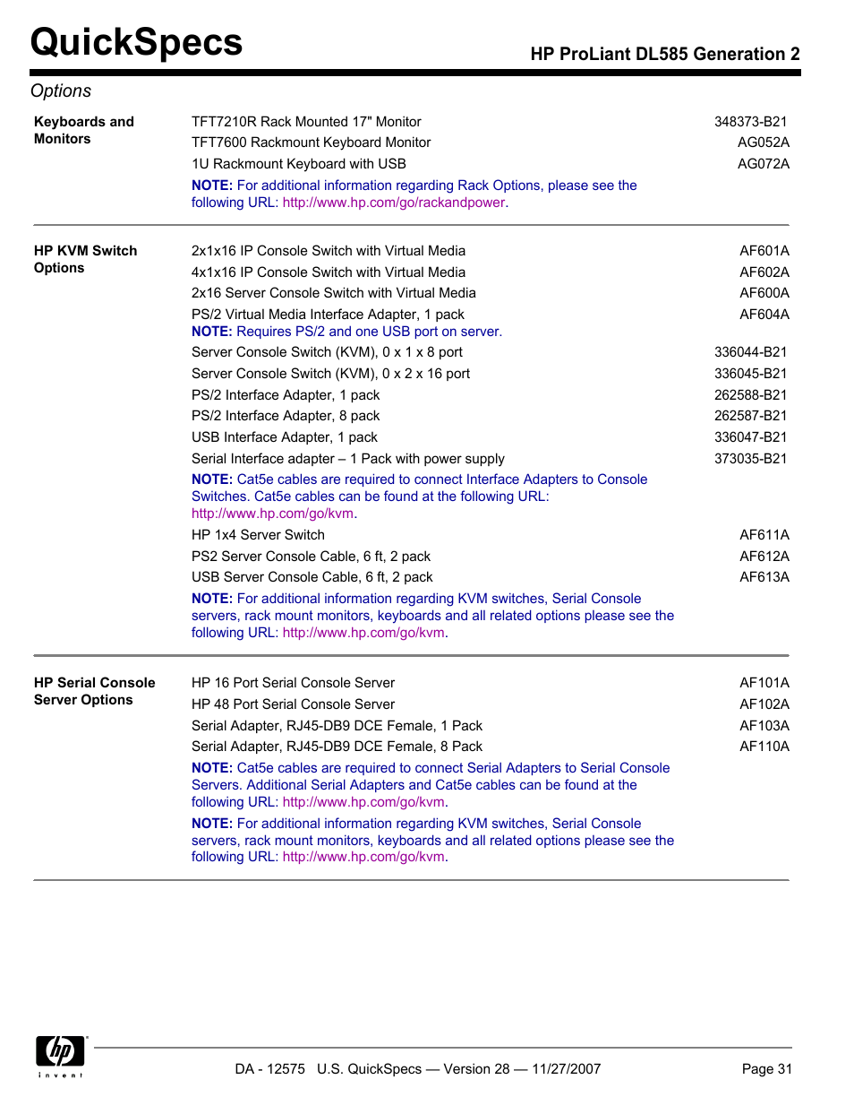 Quickspecs, Hp proliant dl585 generation 2 options | HP DL585 User Manual | Page 31 / 45