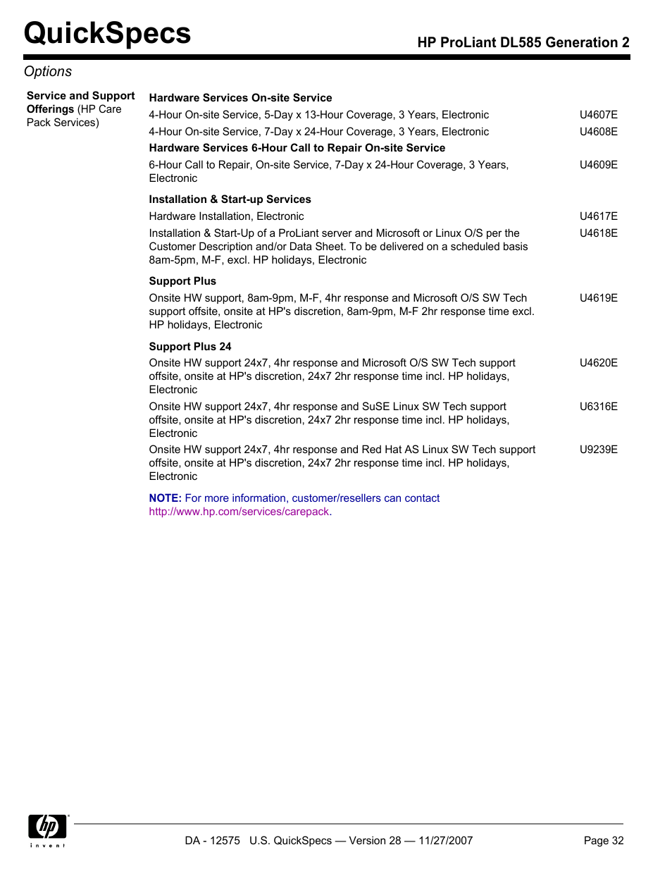 Quickspecs, Hp proliant dl585 generation 2 options | HP DL585 User Manual | Page 32 / 45