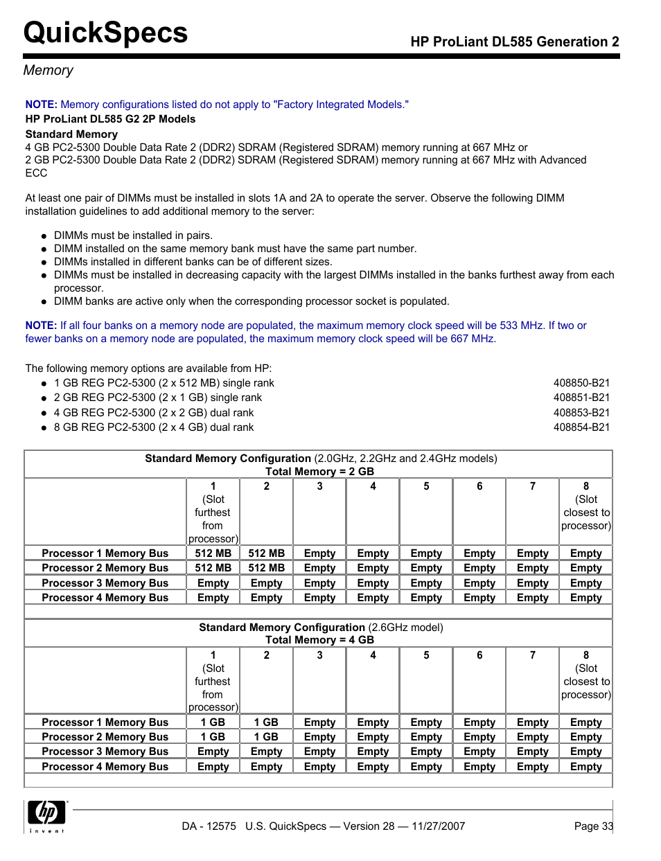 Memory, Quickspecs | HP DL585 User Manual | Page 33 / 45