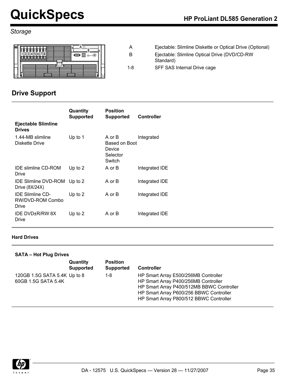 Storage, Quickspecs, Drive support | Hp proliant dl585 generation 2 storage | HP DL585 User Manual | Page 35 / 45