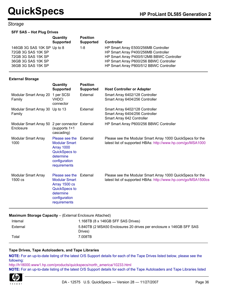 Quickspecs, Hp proliant dl585 generation 2 storage | HP DL585 User Manual | Page 36 / 45