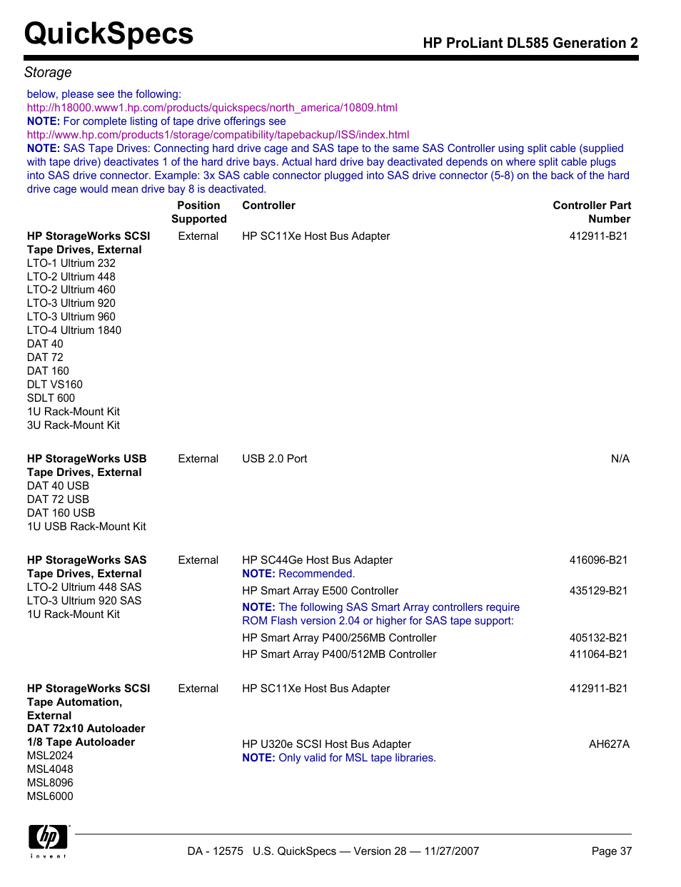 Quickspecs, Hp proliant dl585 generation 2 storage | HP DL585 User Manual | Page 37 / 45