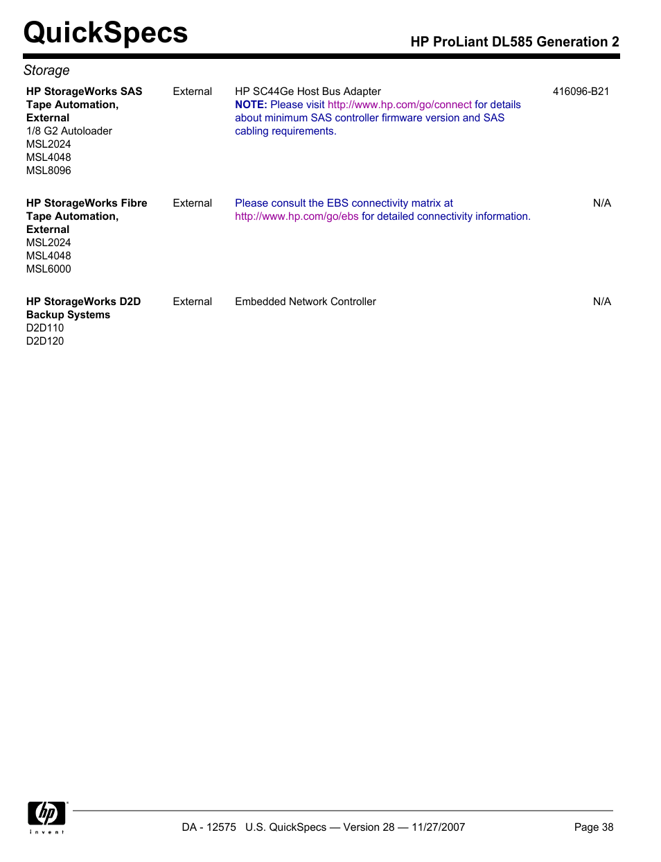 Quickspecs, Hp proliant dl585 generation 2 storage | HP DL585 User Manual | Page 38 / 45