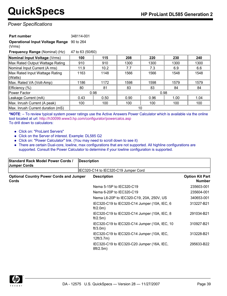 Power specifications, Quickspecs | HP DL585 User Manual | Page 39 / 45