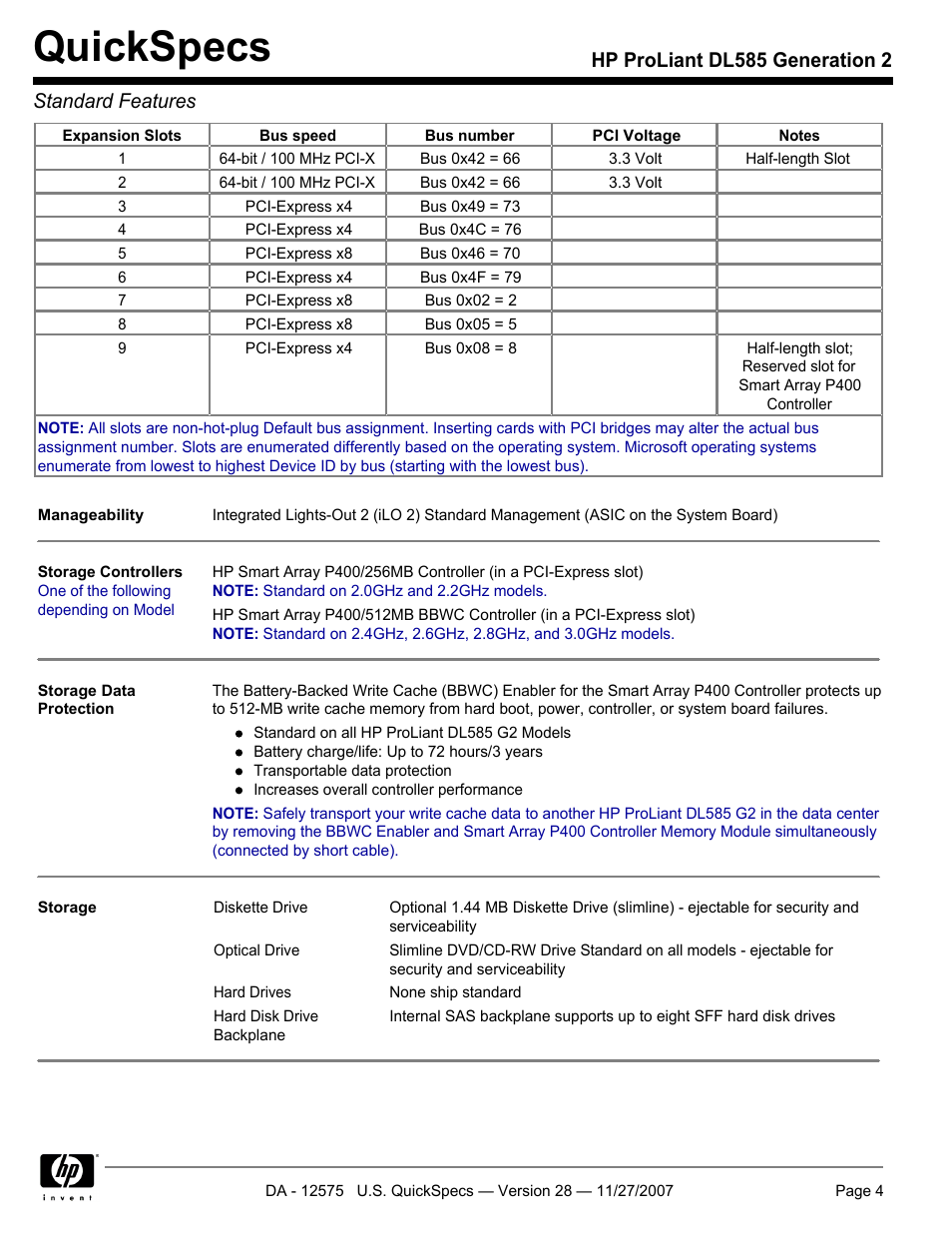 Quickspecs, Hp proliant dl585 generation 2 standard features | HP DL585 User Manual | Page 4 / 45