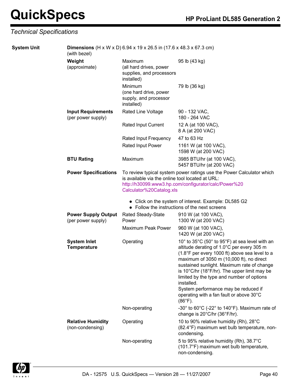 Technical specifications, Quickspecs | HP DL585 User Manual | Page 40 / 45