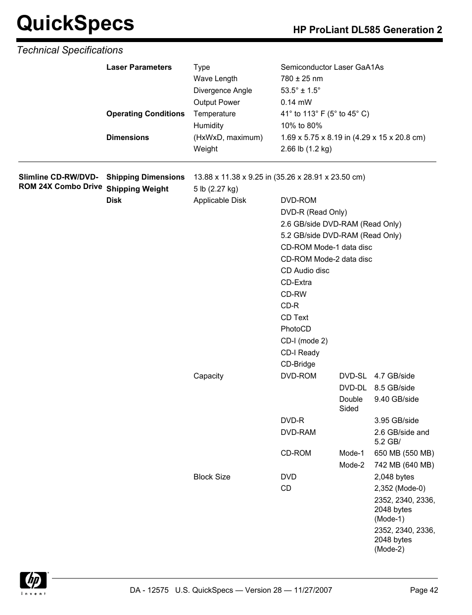 Quickspecs | HP DL585 User Manual | Page 42 / 45