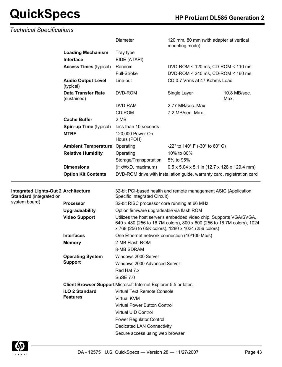 Quickspecs | HP DL585 User Manual | Page 43 / 45