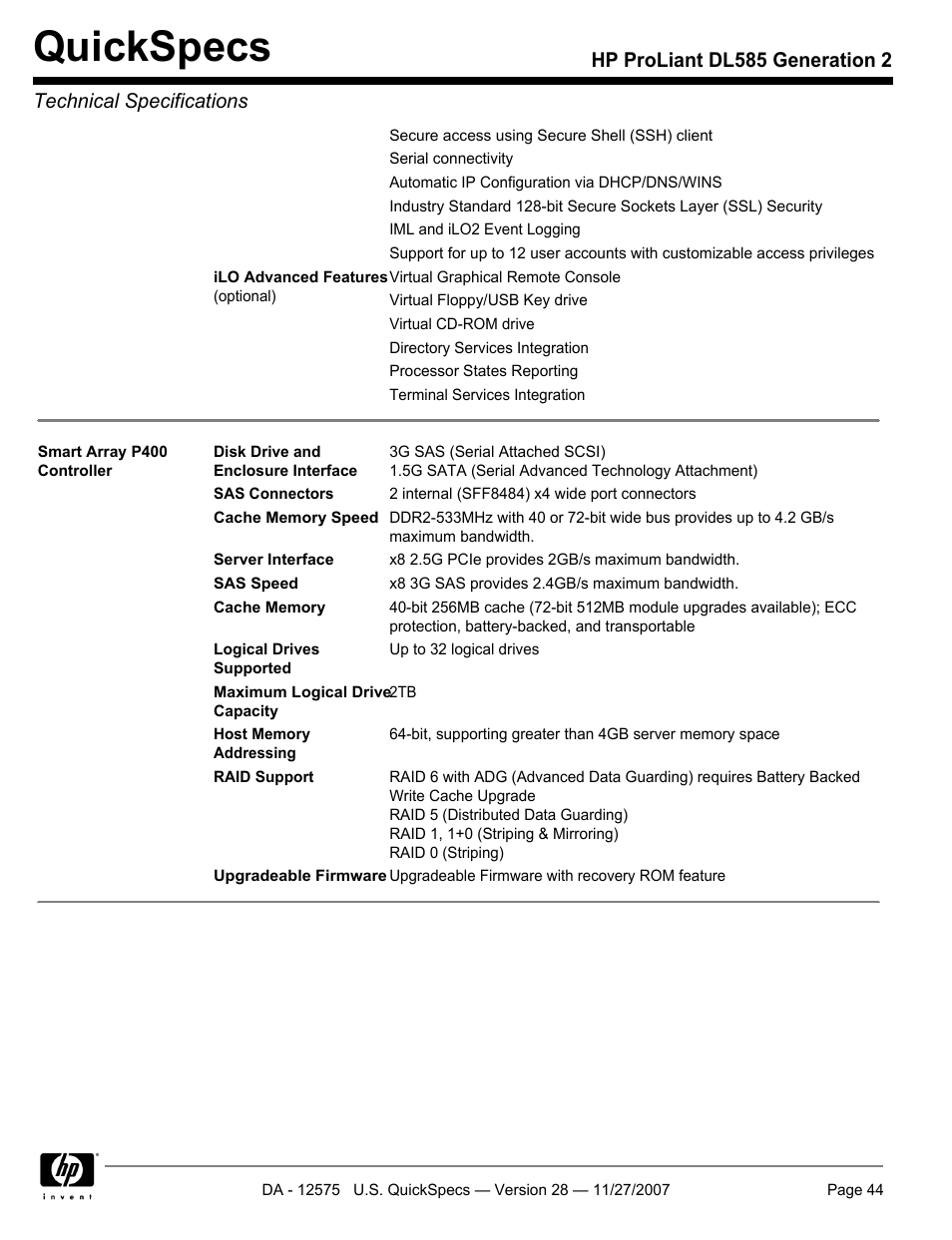 Quickspecs | HP DL585 User Manual | Page 44 / 45