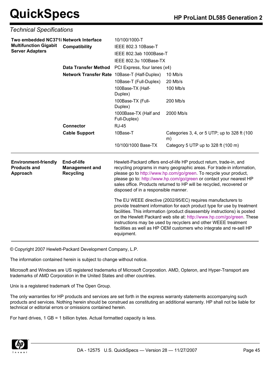 Quickspecs | HP DL585 User Manual | Page 45 / 45