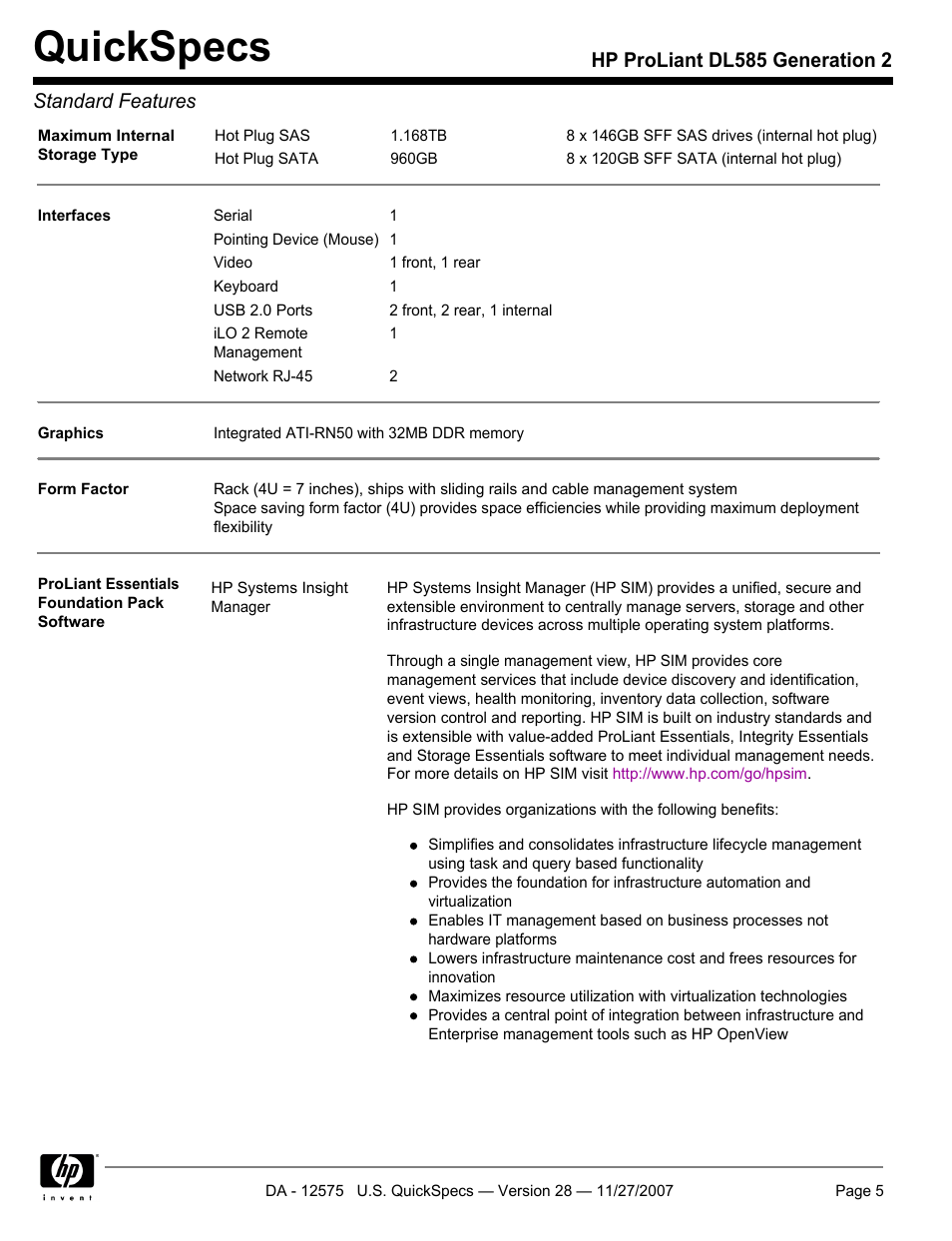 Quickspecs, Hp proliant dl585 generation 2 standard features | HP DL585 User Manual | Page 5 / 45