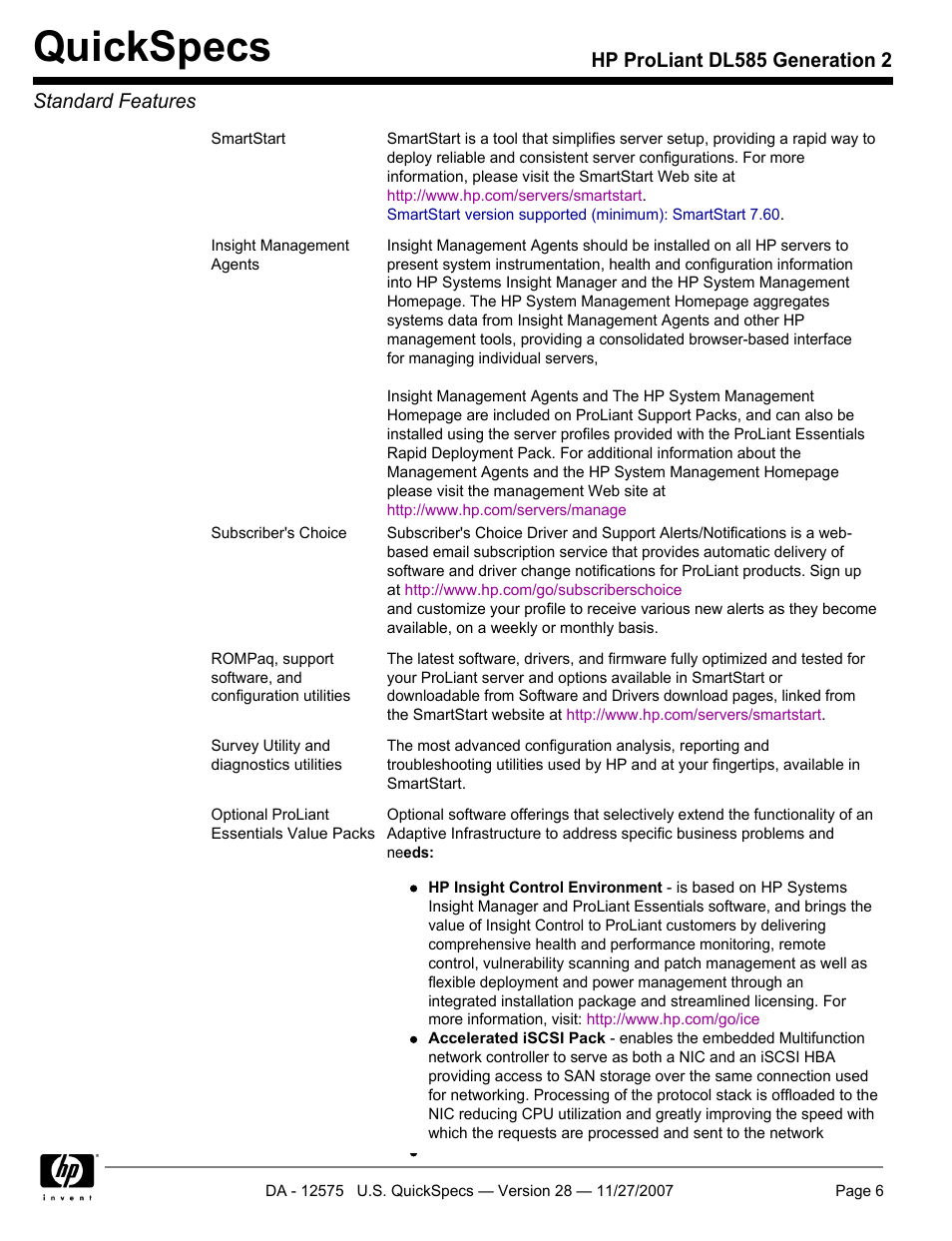 Quickspecs, Hp proliant dl585 generation 2 standard features | HP DL585 User Manual | Page 6 / 45