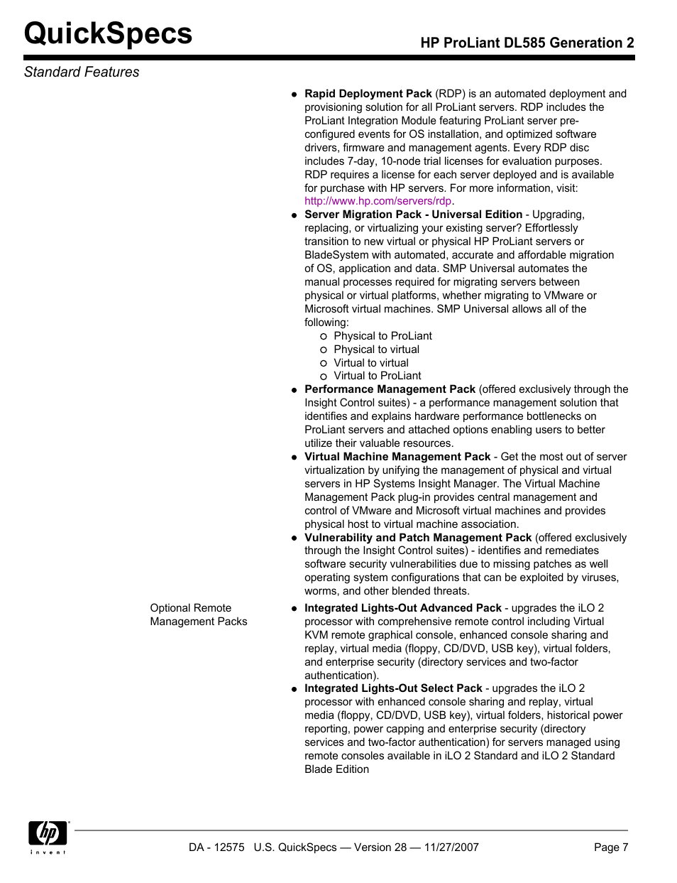Quickspecs | HP DL585 User Manual | Page 7 / 45