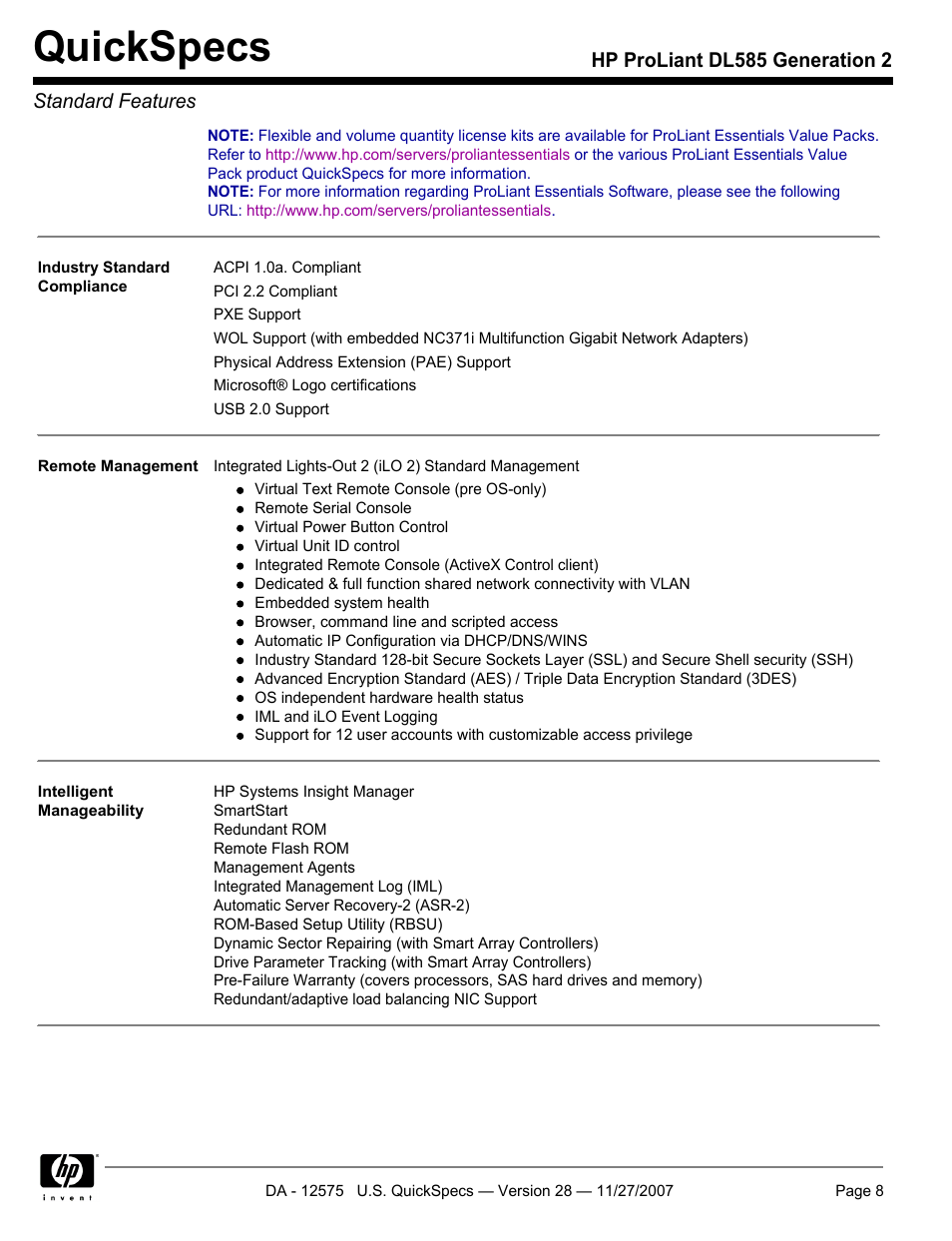 Quickspecs, Hp proliant dl585 generation 2 standard features | HP DL585 User Manual | Page 8 / 45